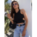 Жіночий кроп-топ з відкритою спиною з еластичної тканини “локшина“ в класичному чорному кольорі