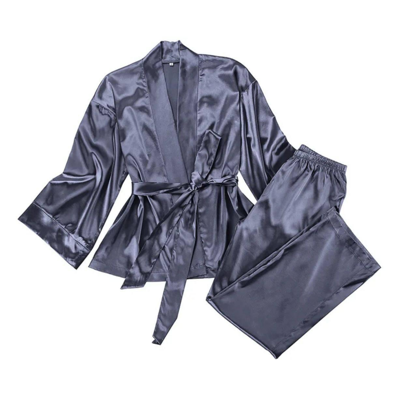 Жіноча атласна піжама з поясом, шовковистий комплект для сну та дому, довгий рукав, стиль кімоно, блакитна XL